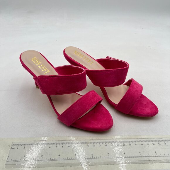 miss left Hot Pink Open Toe Double Straps Mules Slip On High Heel Slide Sandals - Picture 4 of 8
